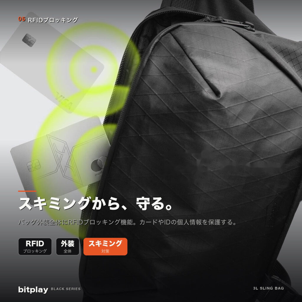外装全体にRFIDブロッキング機能を備えたbitplay・Black Series 3Lスリングバッグ