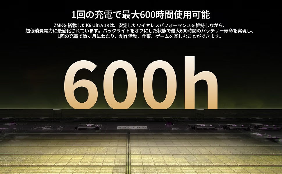 「1回の充電で最大600時間使用可能」と大きく表示されたイメージ。ZMK搭載により超低消費電力に最適化され、バックライトオフ時に最大600時間のバッテリー寿命を実現することを示す