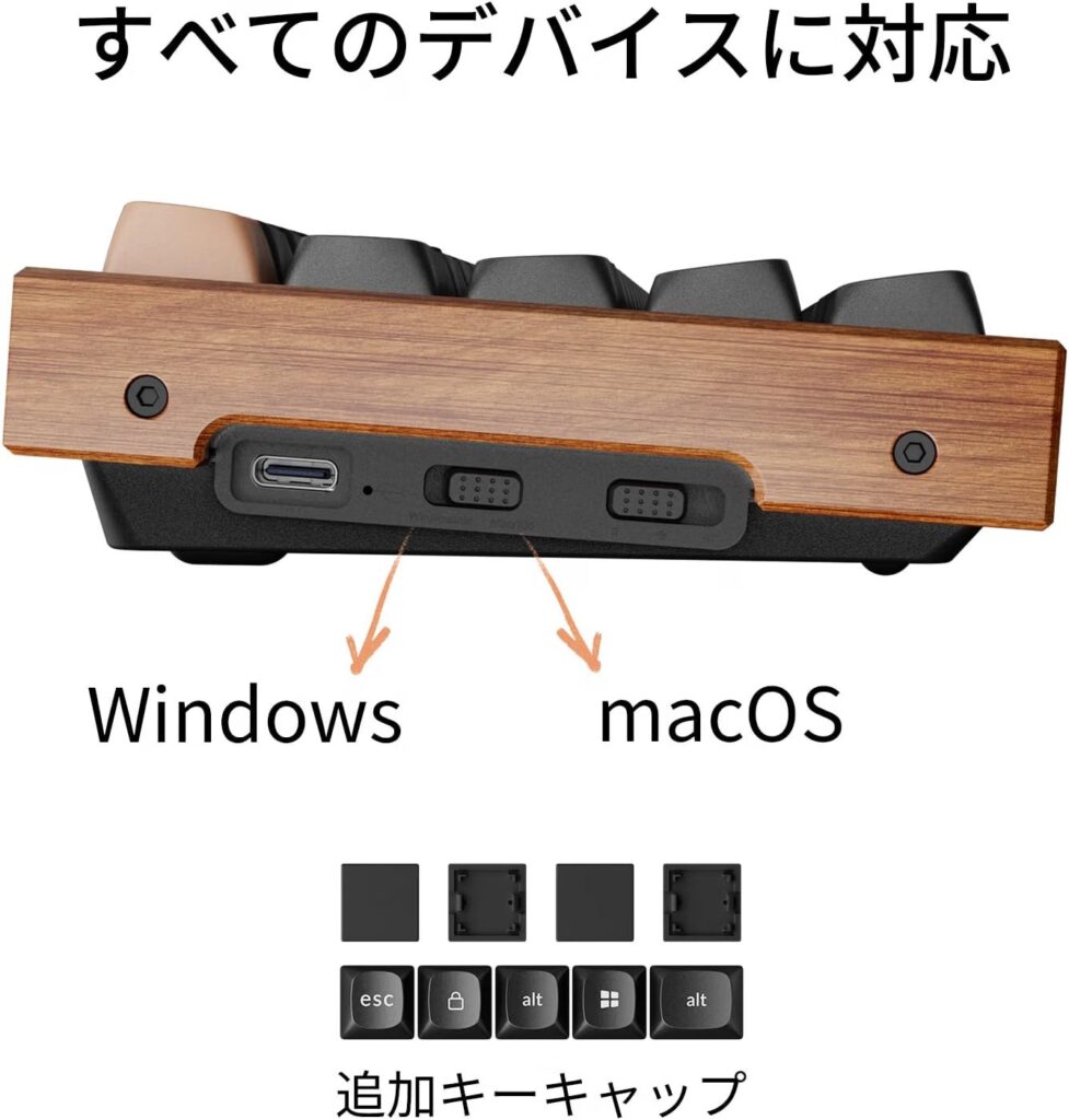「すべてのデバイスに対応」の図。ウッド筐体の背面にあるUSB Type-C端子と、macOS/Windowsを切り替えるシステム切替スイッチのクローズアップ