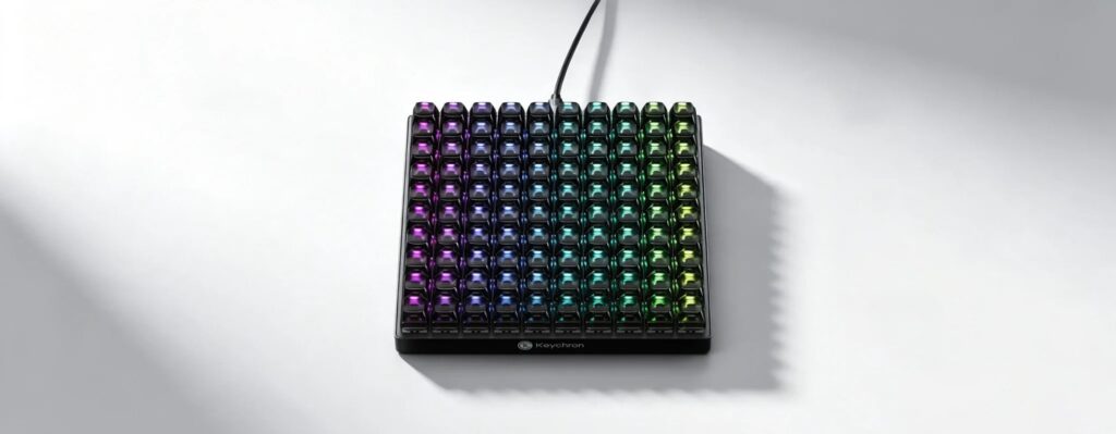 白い机の上に置かれたKeychron C100 8K。10×10に並んだ100個のキーがRGBバックライトで鮮やかに発光している