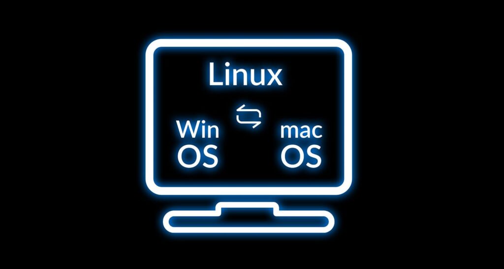 「すべてのプラットフォームに対応」を表す図。モニターにLinux、Windows、macOSの表記があり、その下にキーボードのイラストが描かれている