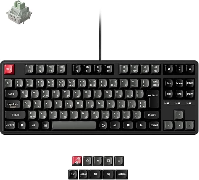 Keychron C3 HE 8K の本体写真。赤いEscキーを備えた黒の日本語JISレイアウトのテンキーレス（80%）メカニカルキーボードと、付属のマグネットスイッチおよび交換用キーキャップ