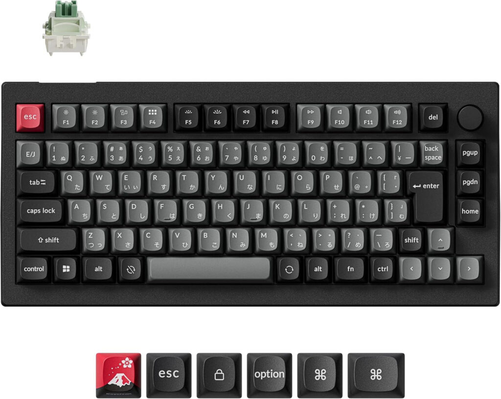 Keychron C75 TMR 8K の本体写真。赤いEscキーを備えた黒のテンキーレス（80%）メカニカルキーボードと、TMRマグネットスイッチおよび交換用キーキャップ