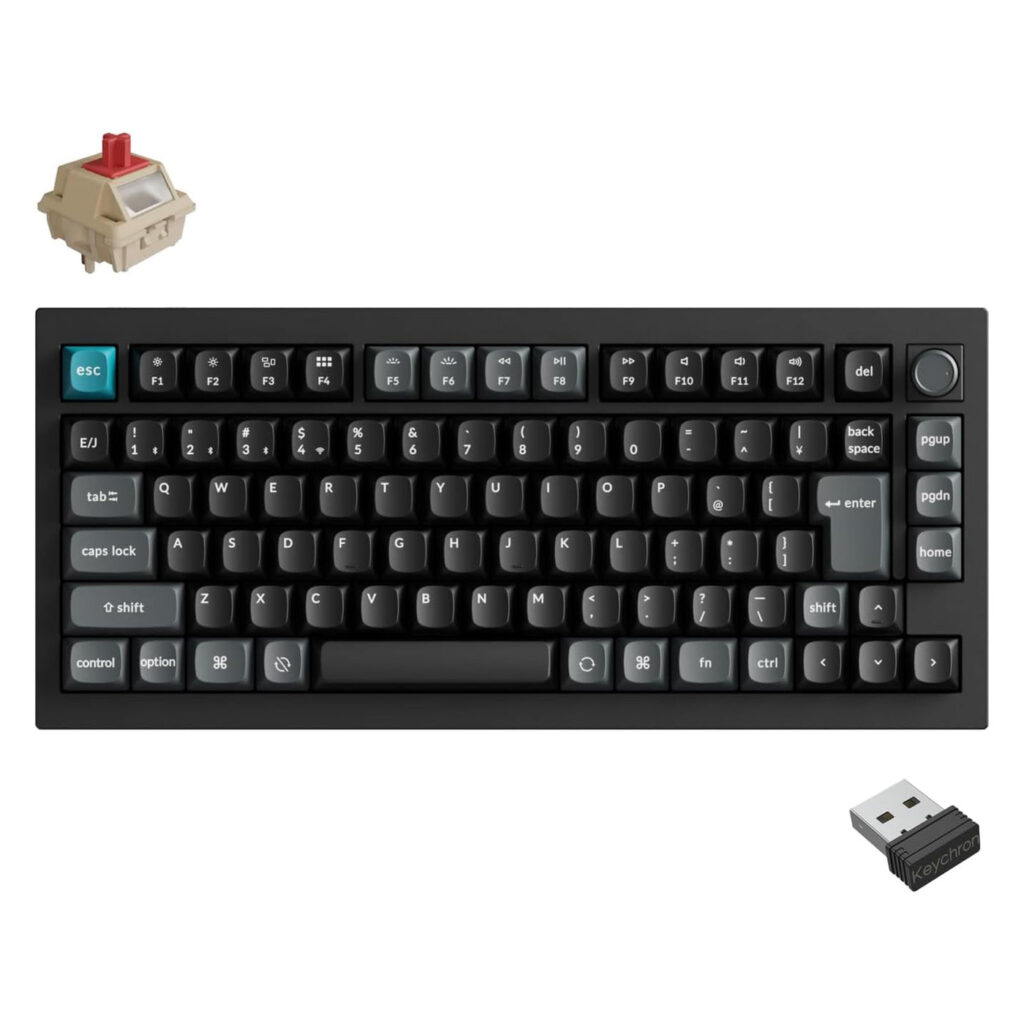 Keychron Q1 Ultra 8K の本体写真。水色のEscキーが映える黒のフルメタルボディの75%レイアウトキーボードと、スイッチおよび2.4GHzワイヤレスドングル