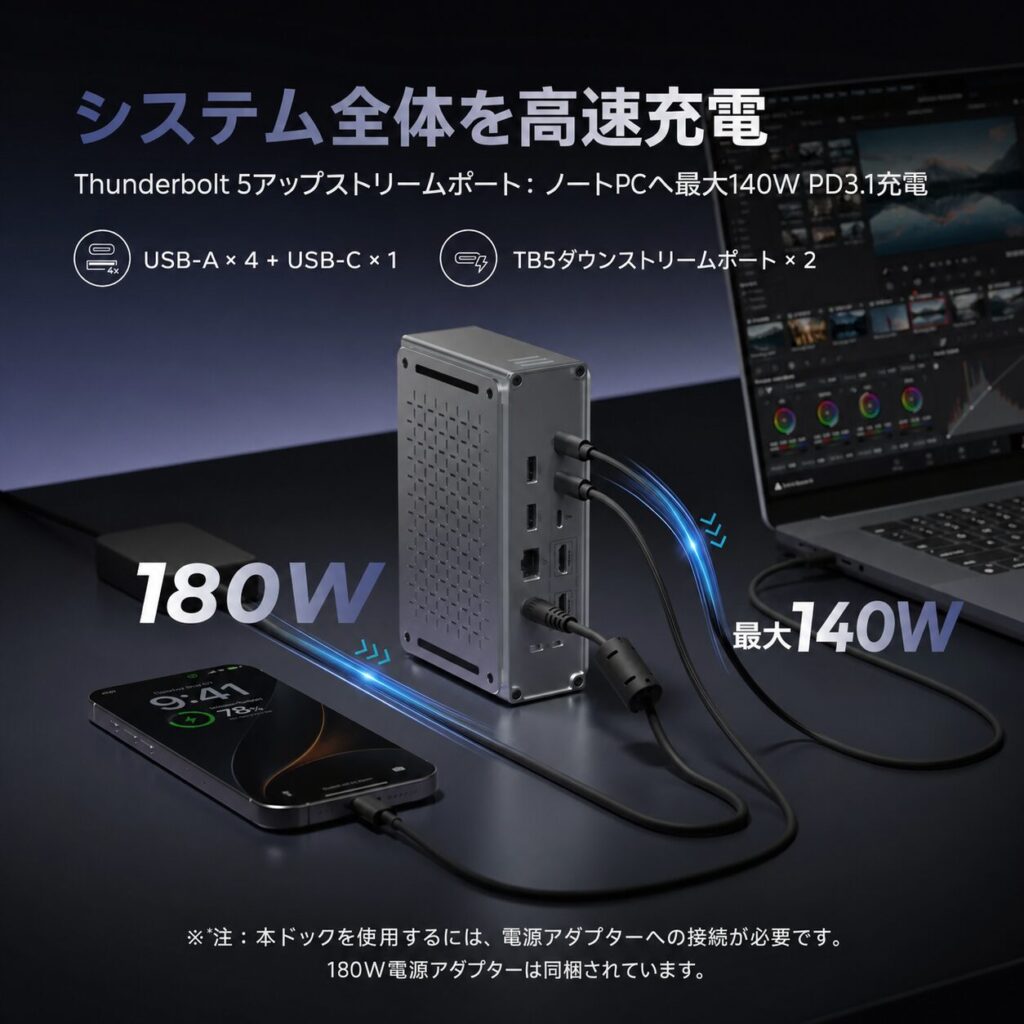 Keychron Thunderbolt 5 ドックにスマートフォンとノートパソコンを接続し、180W電源アダプタからノートパソコンへ最大140W、USBポートからスマートフォンへ急速充電している様子を示す図