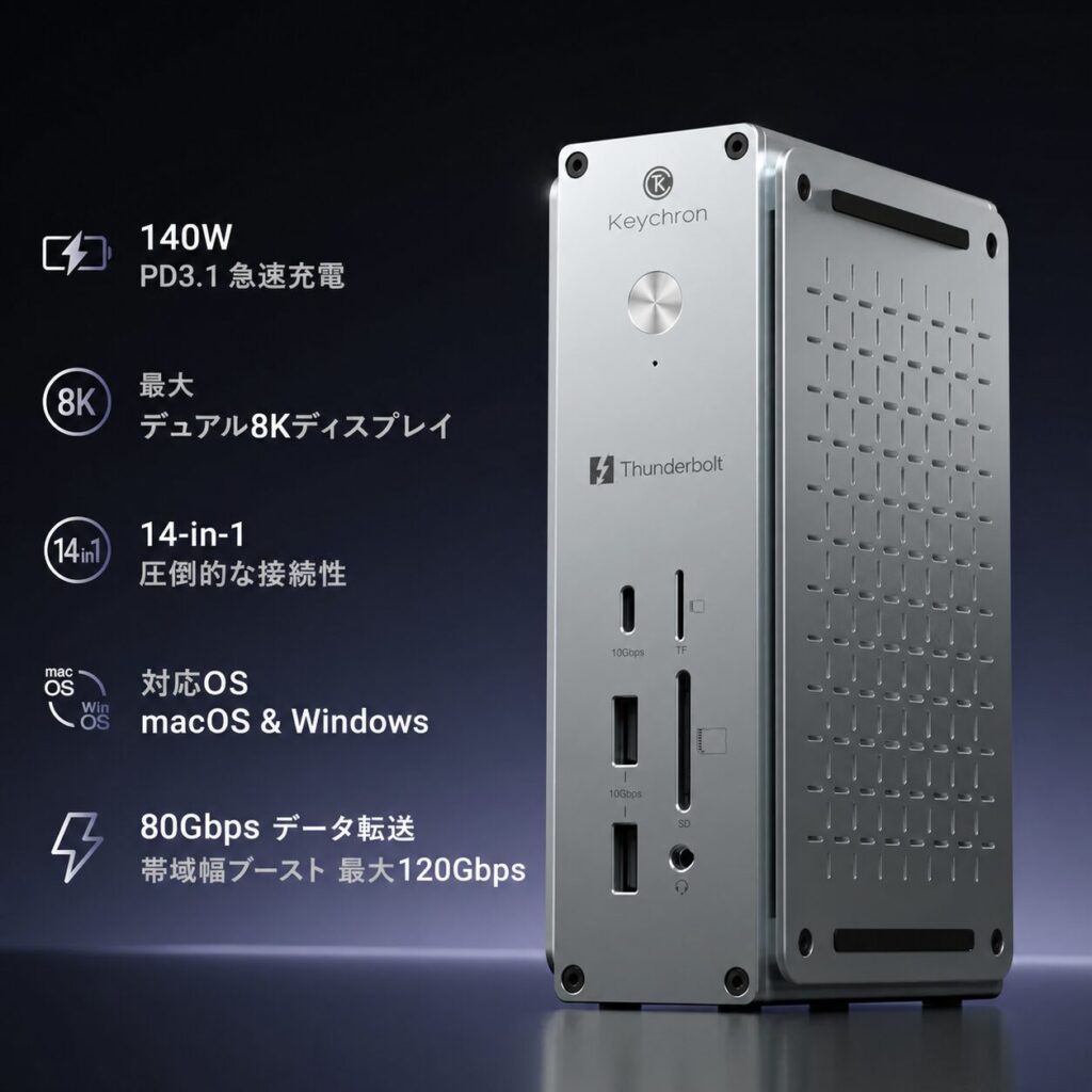 Keychron Thunderbolt 5 ドックの主な性能を示すインフォグラフィック。140W PD3.1急速充電、最大デュアル8Kディスプレイ、14-in-1接続、macOSおよびWindows対応、80Gbpsデータ転送（帯域幅ブースト最大120Gbps）の5項目のアイコンと、製品本体の写真