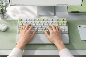Keychron C3 Pro Trackball 8K（ホワイトグリーン）と専用パームレストでタイピングしている様子