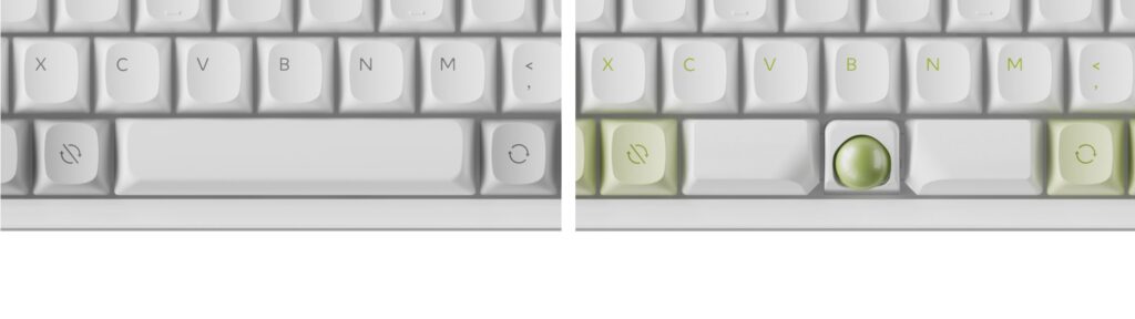 一般的な1本のスペースバーと、3分割して中央に14mmトラックボールを配置したKeychron C3 Pro Trackball 8Kのスペースバーの比較