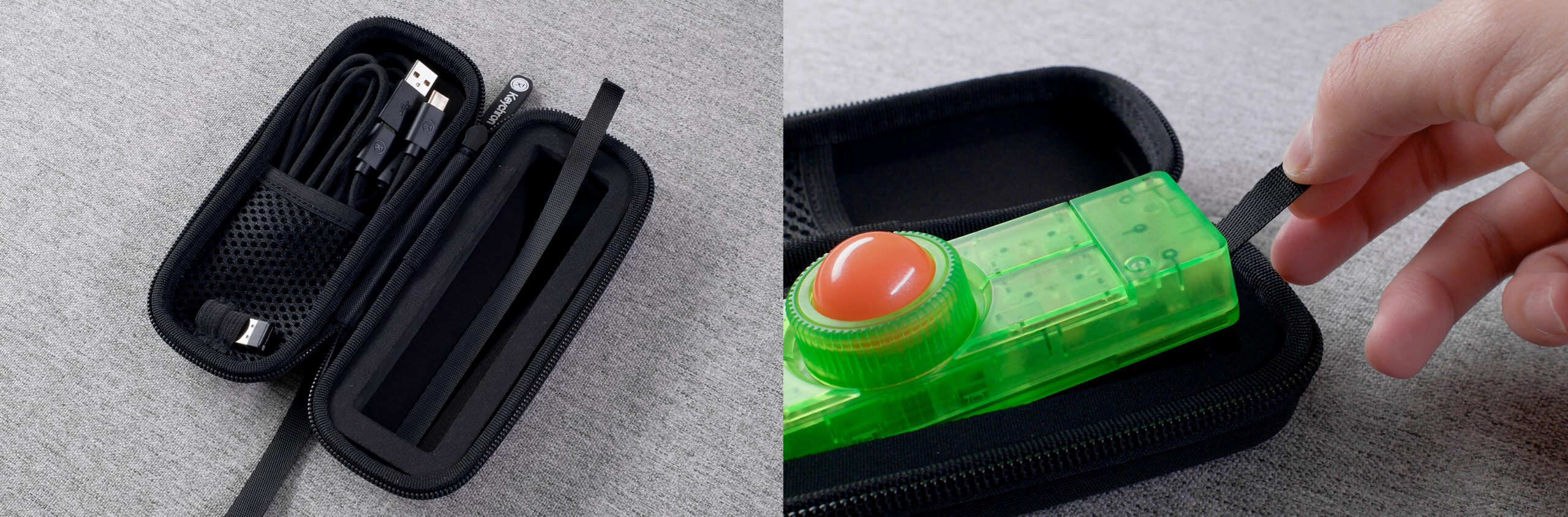 Nape Pro専用キャリングポーチの写真と、実際にNape Proを収納している様子